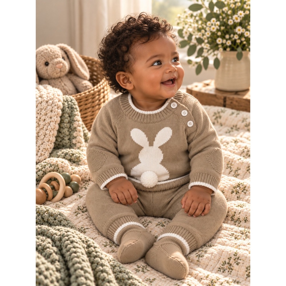 Baby Yuval Luxury Peruvian Cotton 3 Piece Baby Boy Bunny Knit Sweater Set 6-9M
